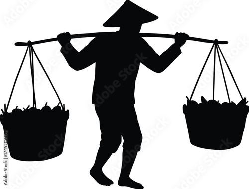 Person carrying baskets with shoulder pole silhouette illustration, traditional labor and rural transport concept artwork for lifestyle, culture, and sustainability design