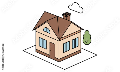 isometric house with brown roof and tree clip art preview