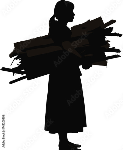 Person carrying wood bundle silhouette illustration, traditional labor and rural effort concept artwork for lifestyle, culture, and sustainability design