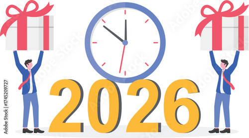 New year 2026 countdown concept with tiny people, clock and large presents in flat design.

