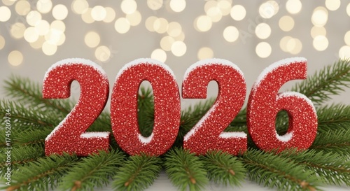 Wallpaper Mural Sparkling red 2026 numbers adorned with pine needles and bokeh lights Torontodigital.ca