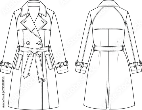 Trench coat illustration, double-breasted design, shawl lapels and belt, front and back view, fashion garment vector, technical sketch template