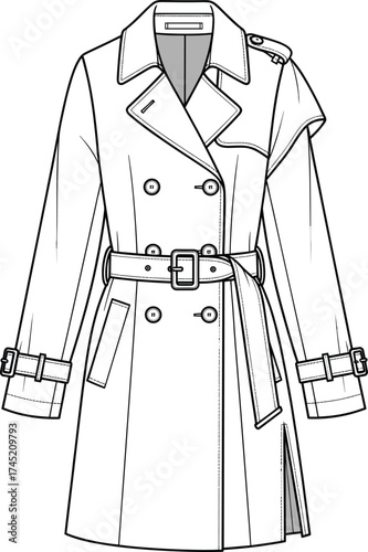 Trench coat illustration, double-breasted front with asymmetrical detail, epaulets and belted waist, flap pockets, fashion garment vector, technical sketch