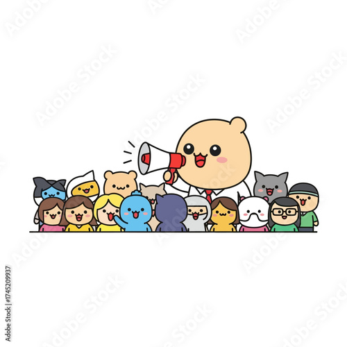Cute cartoon bear character with megaphone addressing a diverse crowd of cartoon people and animals.