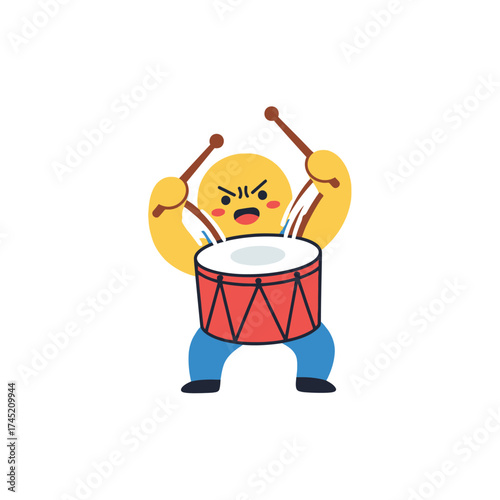 Angry yellow emoji character playing a red drum with drumsticks.