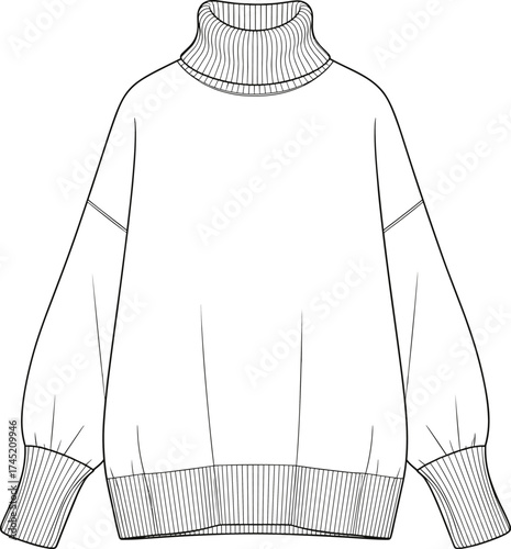 Turtleneck sweater illustration, ribbed collar and cuffs, dropped shoulder design, cozy knitwear vector, fashion garment sketch, technical apparel drawing
