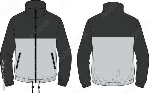 Two-tone zip-up jacket illustration, high collar with zip pockets and adjustable drawstring hem, elastic cuffs, front and back view, fashion garment vector