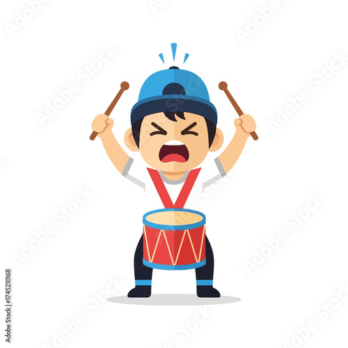 Energetic cartoon boy shouting while playing a red drum.