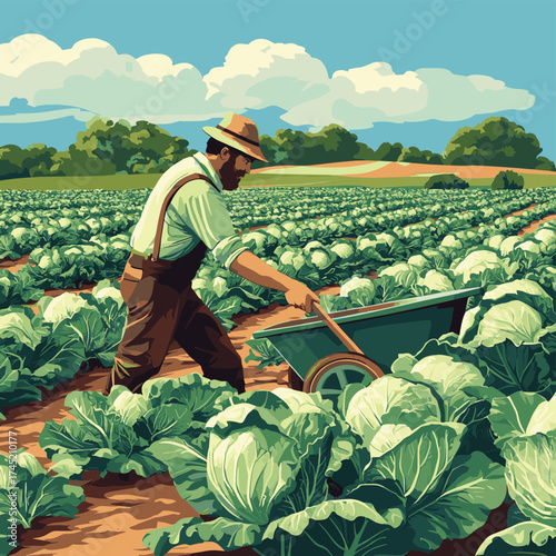 An industrious farmer working in a lush cabbage field with a wheelbarrow, embodying dedication to agriculture and a strong connection to the land under a bright blue sky