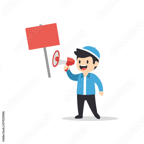 Cartoon man in blue cap and jacket holding a red megaphone.