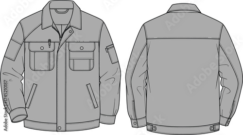 Utility jacket illustration, zip-up front with multi-pocket design, ribbed cuffs and adjustable hem tabs, front and back view, fashion garment vector