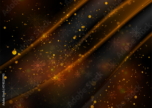 Orange winter abstract glowing wavy background with snowflakes. Christmas and New Year vector design