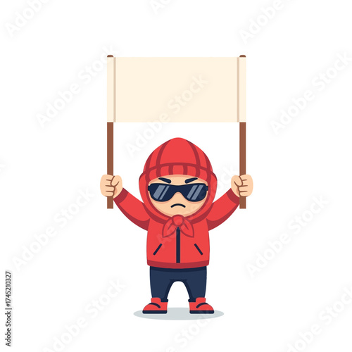Angry cartoon character in red hoodie holding blank protest sign.
