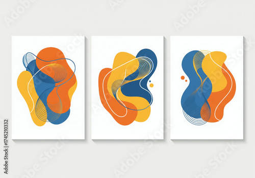 Set of three abstract organic shapes with fluid and wavy elements in blue, orange, and yellow colors on a white background.