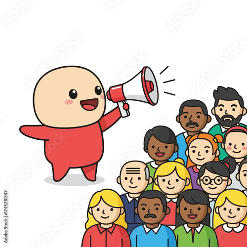 Cartoon Figure with Megaphone Addressing Diverse Crowd.
