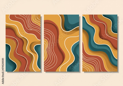 Abstract wavy shapes with warm colors and a layered effect, presented as a triptych.
