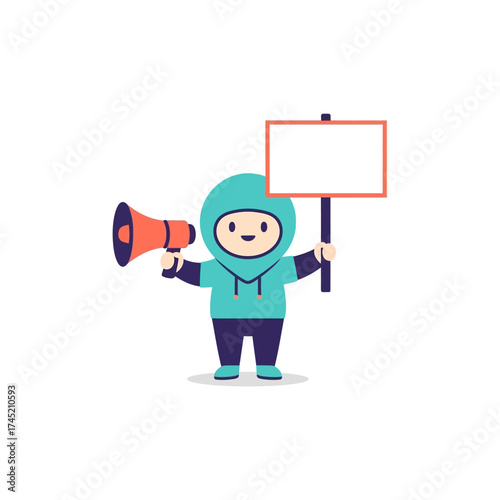 Cute cartoon character in a hoodie holding a megaphone and a blank sign.