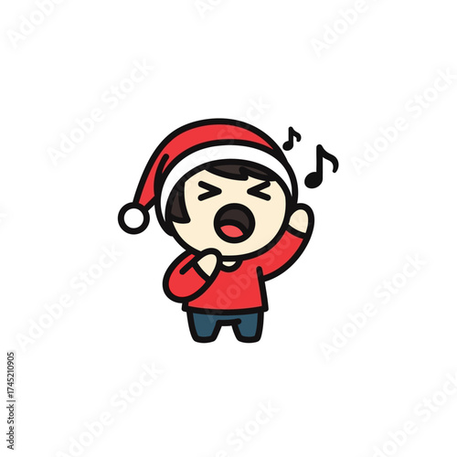 Cheerful cartoon character singing Christmas carols with a festive hat on.