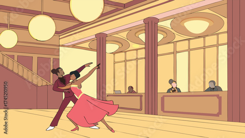 Elegant ballroom dance scene with stylish couple in mid-motion, bringing vibrant energy to a classic setting, perfect for event promotions or romance themes