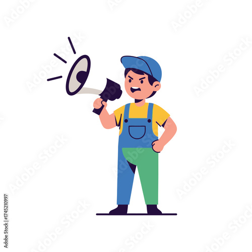Cartoon Man Shouting into Megaphone with Angry Expression.