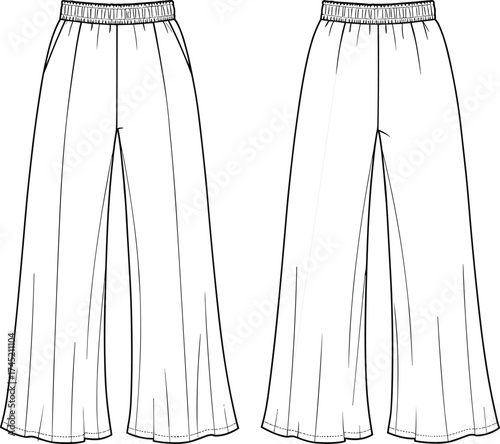 Wide-leg pants technical drawing, front and back views with elastic waistband, seam details, curved hem, flowy silhouette, fashion vector, garment construction asset
