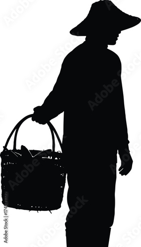 Person holding basket silhouette illustration, traditional labor and rural livelihood concept artwork for lifestyle, culture, and sustainability design