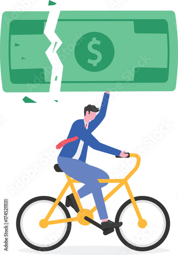 Businessman holding ripped dollar, crumble and devaluation in flat design
