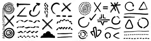 Scattered Black Ink Doodles on White: A dynamic hand-drawn collection of circles, scribbles, and marker strokes on paper, perfect for backgrounds and designs. Vector illustration, graphic elements for
