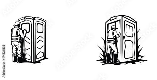 Minimalist line art sketch of a mobile toilet repairing black silhouette style vector art design