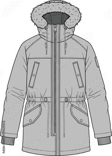 Winter parka illustration, fur-trimmed hood and drawstring waist, flap chest and waist pockets, ribbed cuffs, fashion garment vector, technical sketch