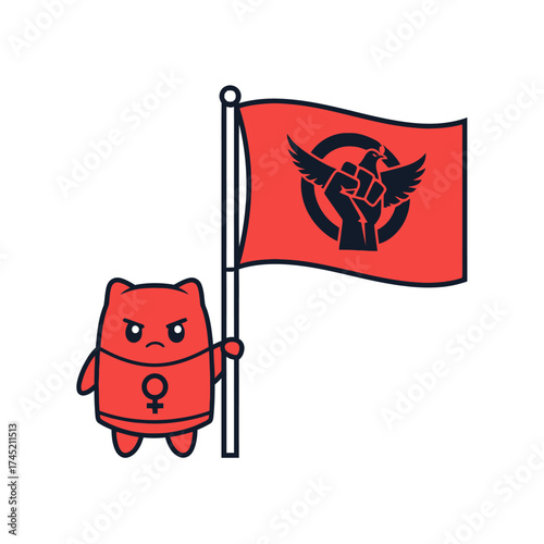 Cute Red Cartoon Character Holding a Flag with a Symbol of a Fist and Wings.