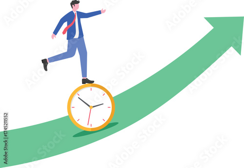 Business people riding clock on rising graph arrow
