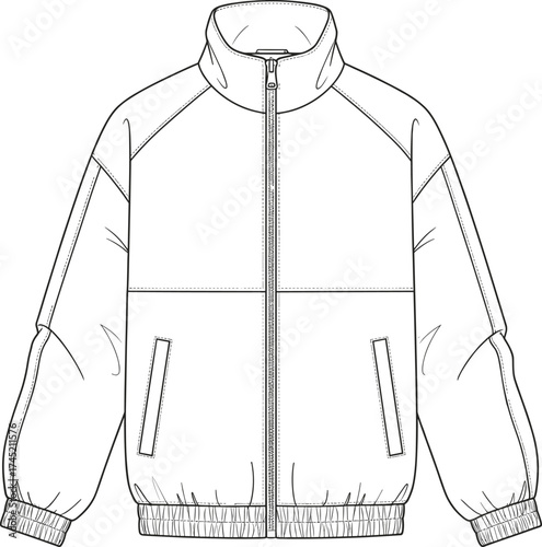 Zip-up jacket illustration, high collar with raglan sleeves and vertical slit pockets, elastic cuffs and hem, fashion garment vector, technical sketch