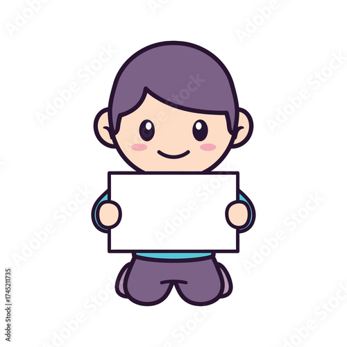 Cute Cartoon Boy Holding Blank Signboard.
