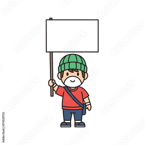 Cartoon Man with Sign - Demonstrating and Protesting with a Blank Banner.