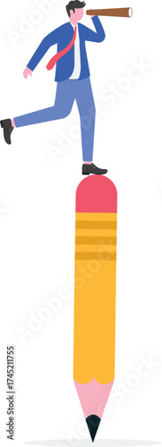 Man designer flies with pencil and looks through spyglass for creative ideas.

