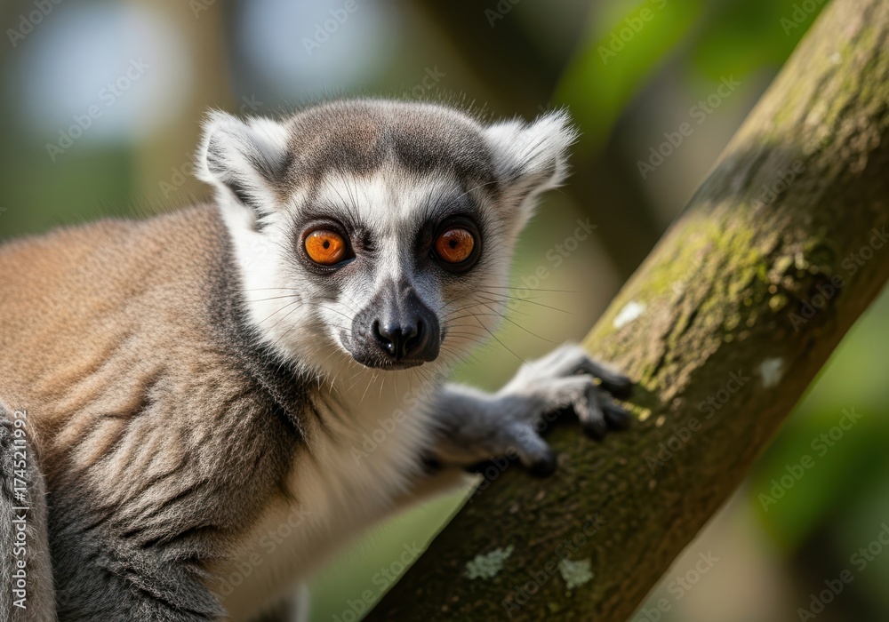 Fototapeta premium Ring-tailed lemur peeking from tree branch outdoors sunlight gentle nature