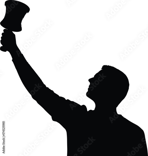 Person raising bell silhouette illustration, ceremonial alert and symbolic gesture concept artwork for lifestyle, culture, and tradition design