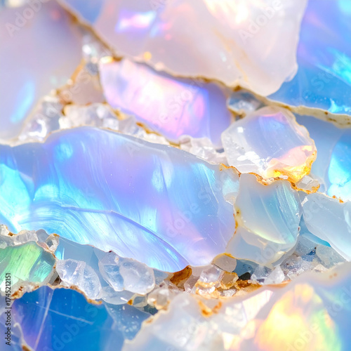 Opalite iridescent gemstone, closeup of opal moonstone surface with cracks reflecting the light in pastel colors, prismatic color-shifting crystal effect in milky white stone, square background image