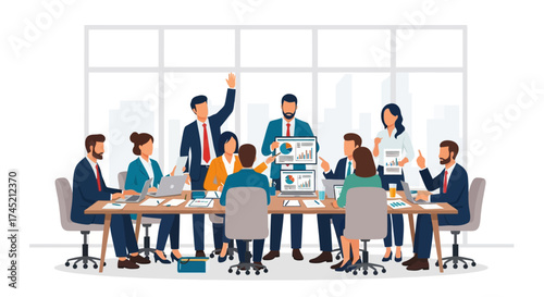 Business meeting with diverse team collaborating in modern office.