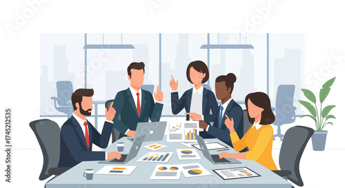 Business team meeting around table discussing project strategy.