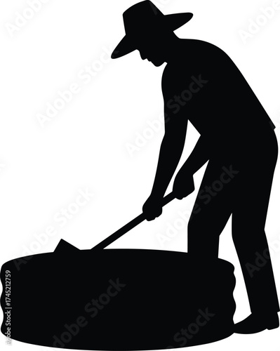 Person stirring vat silhouette illustration, traditional labor and artisanal process concept artwork for lifestyle, culture, and sustainability design