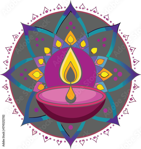 Vibrant digital illustration of a diya with floral mandala design lamp flame vector illustration EPS file download.
