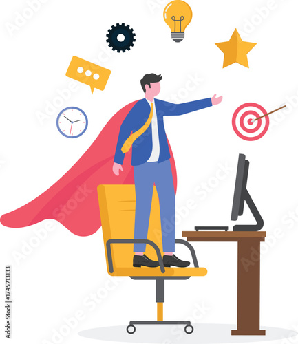 Successful manager or businessman wearing super hero cloak stand with competency skill set
