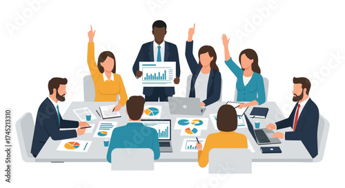 Diverse Business Team Collaborating and Voting in a Corporate Meeting.