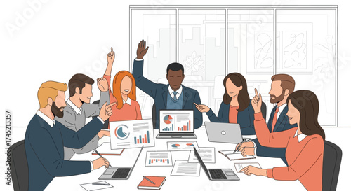 Business meeting discussing strategies and raising hands for decisions.