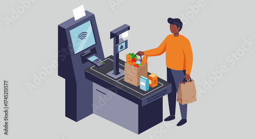 Isometric self checkout with diverse shopper in modern grocery store setting