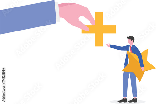 Businessman hand adds plus sign to star, illustrating value addition.
