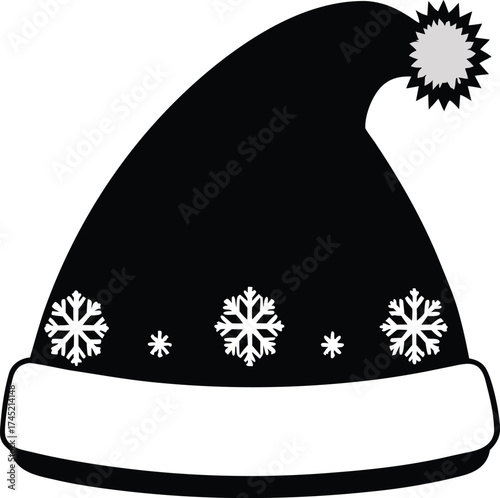 Black silhouette of Santa hat with white snowflakes and pompom Christmas vector illustration EPS file download.
