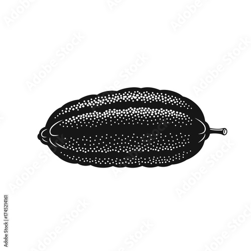 Black and white illustration of a single ripe cocoa pod with a textured surface.